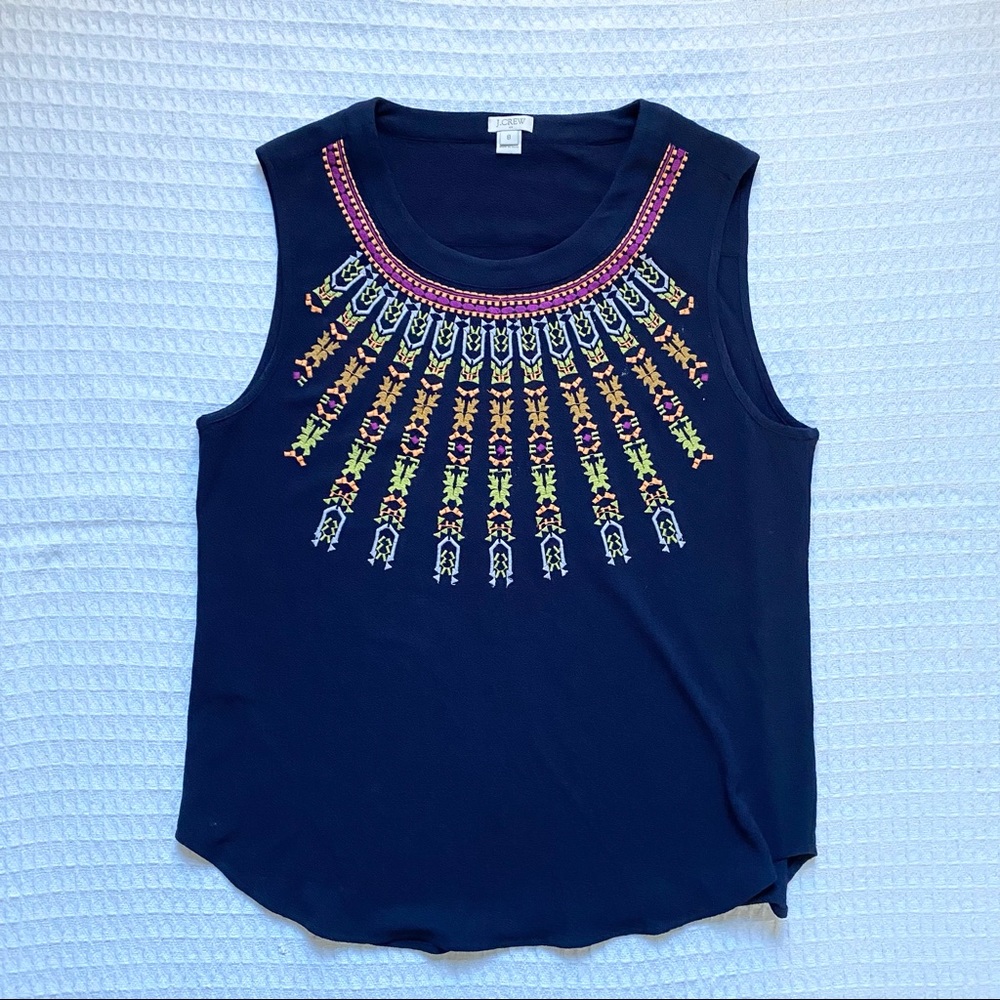 J. Crew factory navy sleeveless top with colorful embroidery size 8